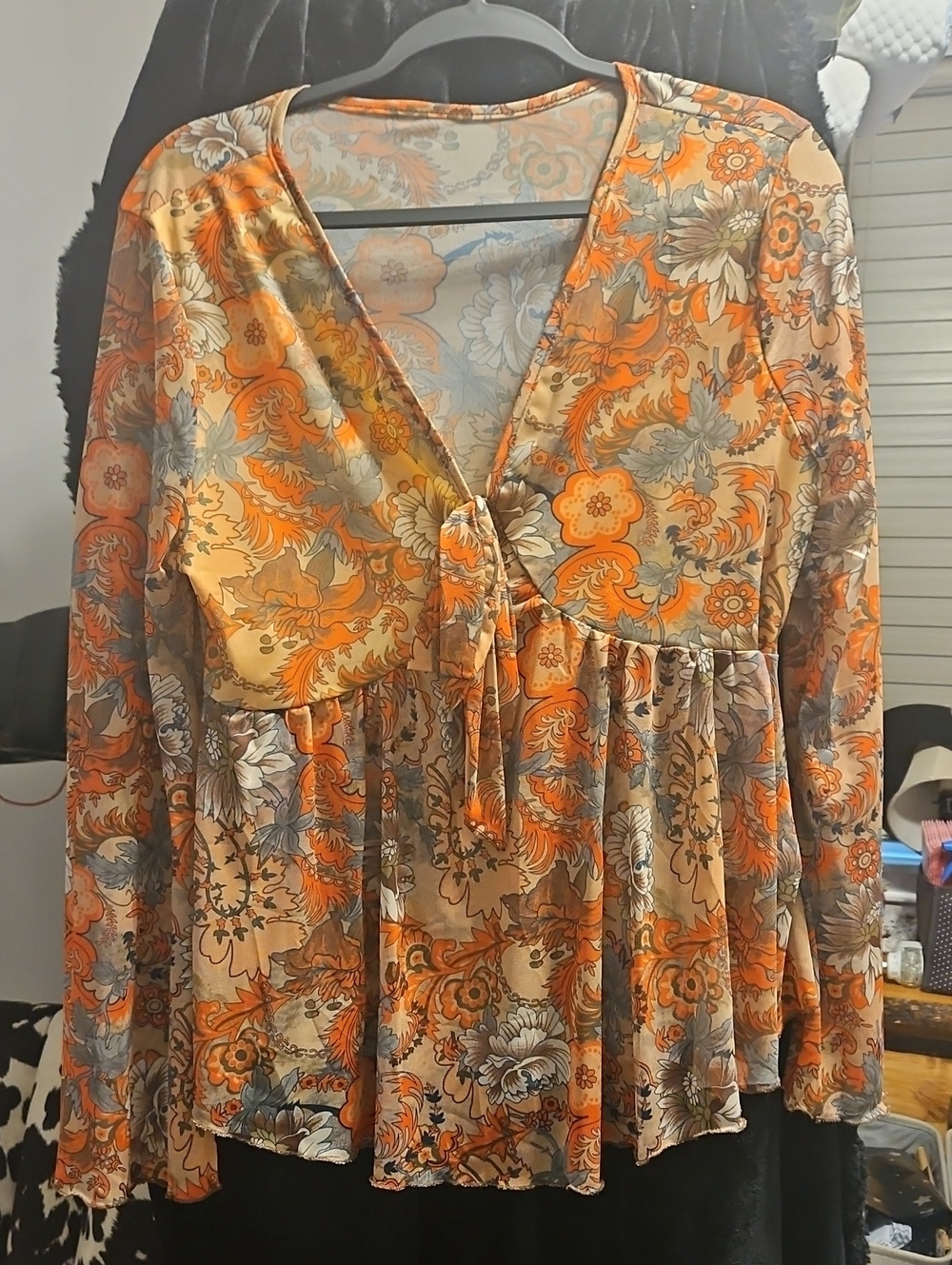 Boho V-Neck Floral Tie Blouse - Orange Multicolor